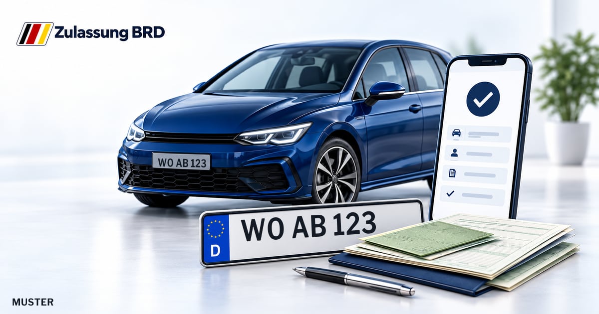 Online Fahrzeugzulassung in Worms: Musterkennzeichen WO AB 123, Auto und Fahrzeugpapiere und Smartphone. Illustration mit Logo von Zulassung BRD.